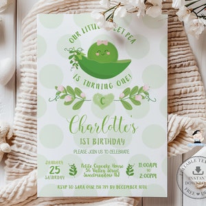 Cute Little Sweet Pea in a Pod 1st First Birthday Invitation Girl Pink Bow 2nd 3rd Invite EDITABLE TEMPLATE Printable Instant Download SP1