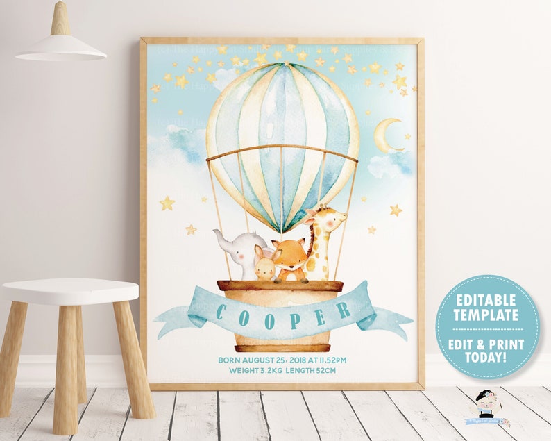 EDITABLE Hot Air Balloon Nursery Wall Art, Cute Animals Printable, Birth Stats, Jungle Woodland Animals, Baby Boy, Whimsical Decor, HB5 image 1