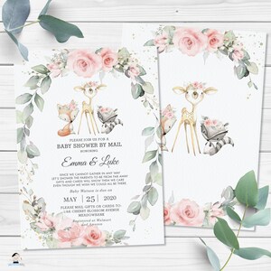 May include: A baby shower invitation with a pink and green floral design. The invitation features a deer, fox, and raccoon with a floral crown. The text reads "Please join us for a Baby Shower by Mail honoring Emma & Luke".