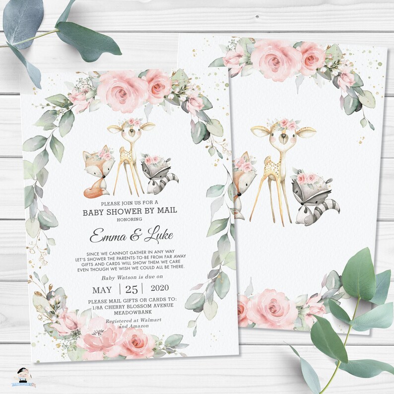 May include: A baby shower invitation with a pink and green floral design. The invitation features a deer, fox, and raccoon with a floral crown. The text reads "Please join us for a Baby Shower by Mail honoring Emma & Luke".