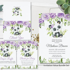 Paarse bloemen groen Panda baby shower uitnodiging bundel BEWERKBARE SJABLOON, dank u, luier loterij, boeken voor baby, INSTANT Download PA3