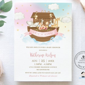 Noah&#39;s Ark Baby Shower Invitation, EDITABLE TEMPLATE, Chic Noahs Ark Cute Animals Pink Girl Diy Invite Printable Pdf, INSTANT Download, NA2