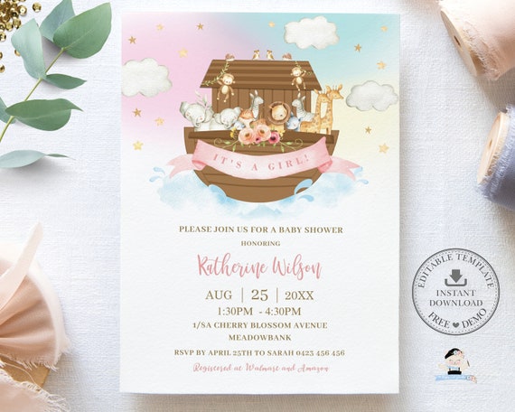 Noah's Ark Baby Shower Invitation, EDITABLE TEMPLATE, Chic Noahs Ark Cute Animals Pink Girl Diy Invite Printable Pdf, INSTANT Download, NA2 Il_570xn
