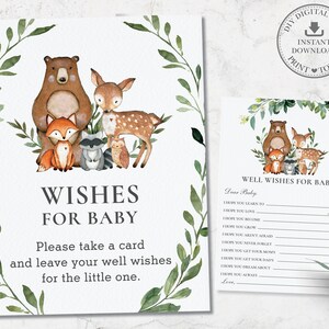 Cartão de desejos da floresta para bebê e placa de 8 "x 10", vegetação rústica, animais da floresta, atividade de chá de bebê para impressão, faça você mesmo, PDF, DOWNLOAD INSTANTÂNEO, WG7