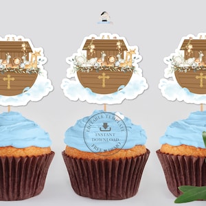 Arche Noah Gold Kreuz Cupcake Toppers, INSTANT DOWNLOAD, süße Tiere Noahs Bogen Taufe 1. Geburtstag Dekor, DRUCKBARE Dateien NA2