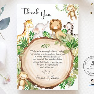 Jungle animaux bébé douche carte de remerciement, modèle modifiable, verdure rustique forêt anniversaire fille garçon sexe neutre saupoudrer imprimable JA1