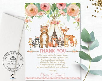 Boho Tribal Floral Woodland Animals Baby Shower Thank You Card, EDITABLE TEMPLATE, Forest Animal Baby Girl Sprinkle  Printable, Teepee, WG5