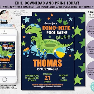Dinosaur Pool Birthday Party Invitation Dinosaur Printable Dinomite Pool Bash Swim Dinosaur Floatie Instant DOWNLOAD EDITABLE TEMPLATE DP1