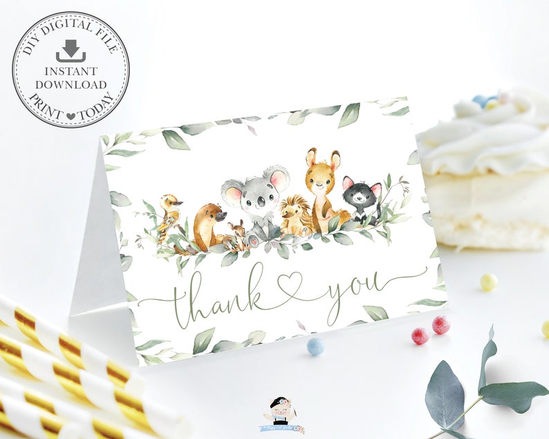 Chic Australian Animals Folded Tent Thank You Card INSTANT DOWNLOAD Greenery Cute Koala Printable Kangaroo Baby Shower 1st Birthday File AU5 image 2