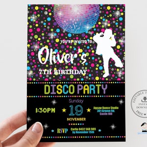 Disco-Party-Einladung, EDITIERBARE VORLAGE, Tanz-Geburtstags-Party einladen, Disco-Kugel Neon bunt Junge Geburtstag druckbare SOFORT-Download DP2