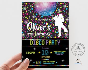 Uitnodiging voor het feest van Disco, BEWERKBARE SJABLOON, Dans Verjaardagsfeestje Uitnodigen, Disco Ball Neon Kleurrijke Jongen Verjaardag Afdrukbare INSTANT Download DP2