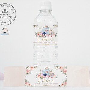 Blush Floral Tea Party Water Bottle Labels, EDITABLE TEMPLATE, Pink Roses Sticker Wrapper Favors Printable, Bridal Baby Shower Birthday, TP5 image 2