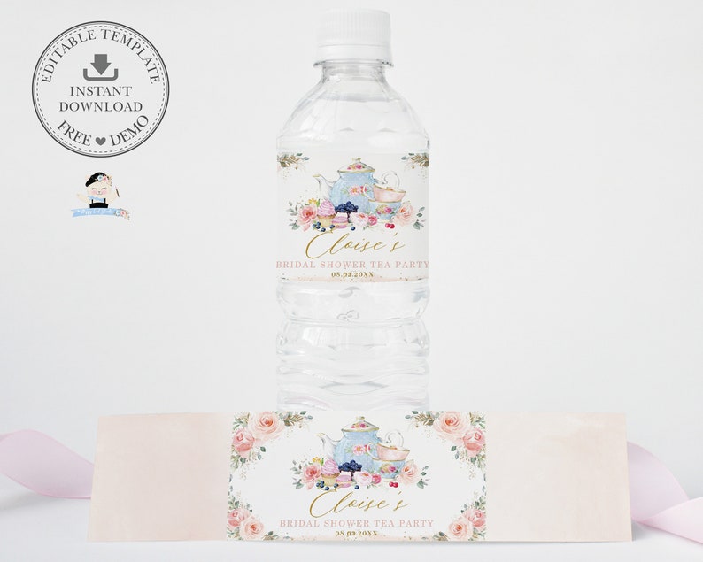 Blush Floral Tea Party Water Bottle Labels, EDITABLE TEMPLATE, Pink Roses Sticker Wrapper Favors Printable, Bridal Baby Shower Birthday, TP5 image 2