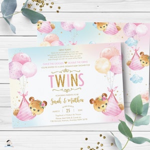 May include: A pink and blue baby shower invitation with a gold glitter design. The invitation features a pair of teddy bears in pink and blue baby bunting, holding balloons. The text reads "Twice the Giggles Double the Grins You're invited to a long distance baby shower for Twins Honoring Parents-to-be Sarah & Matthew March 25 20XX Registered at Walmart & Amazon Please Mail Gifts & Cards to: 158 Mimosa Avenue, Avonlea NSW 2678"