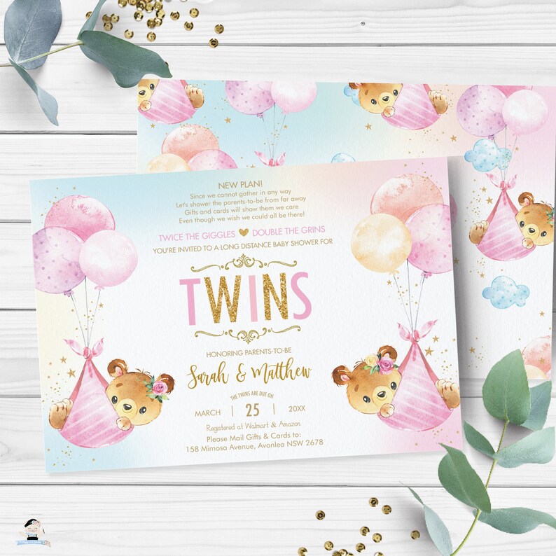 May include: A pink and blue baby shower invitation with a gold glitter design. The invitation features a pair of teddy bears in pink and blue baby bunting, holding balloons. The text reads "Twice the Giggles Double the Grins You're invited to a long distance baby shower for Twins Honoring Parents-to-be Sarah & Matthew March 25 20XX Registered at Walmart & Amazon Please Mail Gifts & Cards to: 158 Mimosa Avenue, Avonlea NSW 2678"