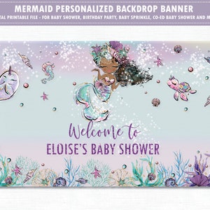 May include: A purple and blue mermaid baby shower backdrop banner with a mermaid illustration, seashells, and the text "Welcome to Eloise's Baby Shower".