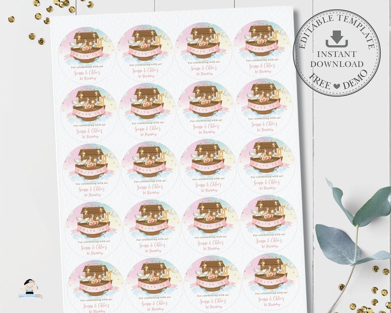 EDITABLE TEMPLATE Noah's Ark 2 Circle Labels, Cute Animals Cupcake Topper Sticker Favors Printable Baptism Baby Shower Birthday INSTANT NA2 image 6