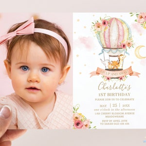 Convite com foto de animais fofos de balão de ar quente para impressão, MODELO EDITÁVEL, Moon Pink Blush Floral 1º aniversário, download INSTANTÂNEO, HB7