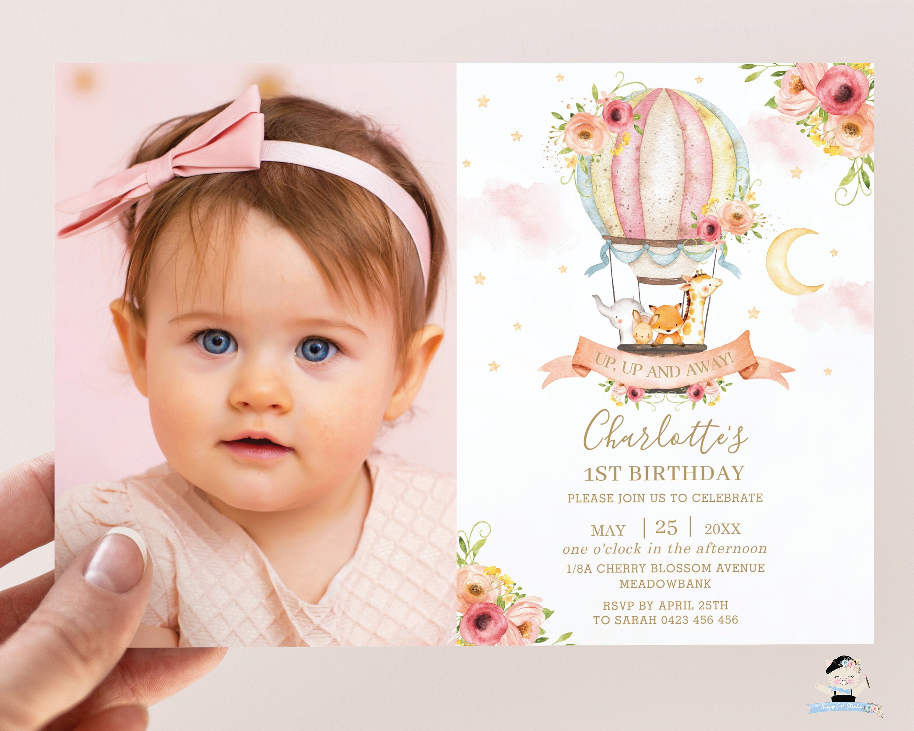 Hot Air Balloon Cute Baby Animals Photo Invitation Printable, EDITABLE ...