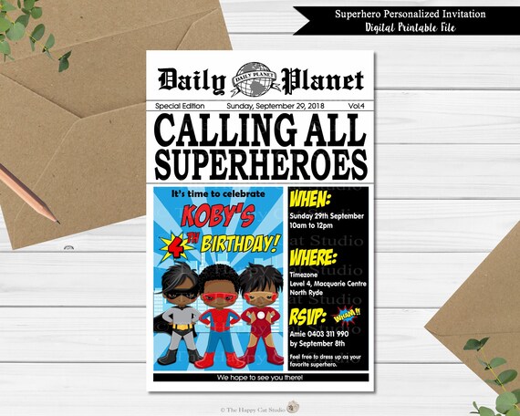 Superhero Personalized Invitation, Dark Skin, Tan, African American, Printable, Superheroes, Super Hero, 1st First Birthday Party, Newspaper Il_570xn