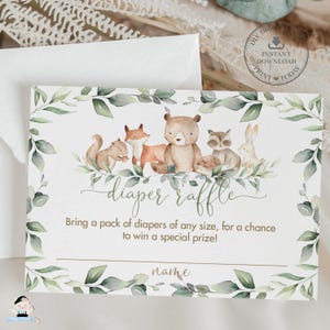 Bosdieren groen luier loterij kaart genderneutraal jongen meisje beer vos konijn babyshower afdrukbare digitale INSTANT download WG12