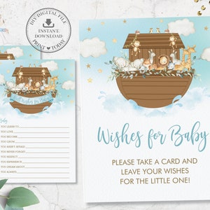 Noah's Ark wenst voor babykaart en teken, chique blauwe schattige tweeling dieren babyshower leuke activiteit afdrukbaar, diy pdf jpeg INSTANT DOWNLOAD, NA2