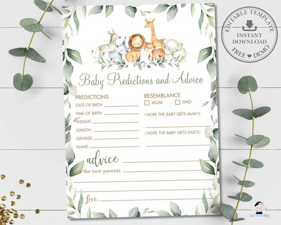 Baby Predictions and Advice Card, INSTANT DOWNLOAD, Rustic Greenery Cute Jungle Animals Baby Shower Game Activity, Diy PDF Printable, JA5 Il_570xn