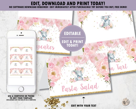 Editable Template Elephant Food Tents Food Labels Place Cards 1st Birthday Baptism Elephant Printable Baby Shower Pink Floral Ep5 By The Happy Cat Studio Catch My Party