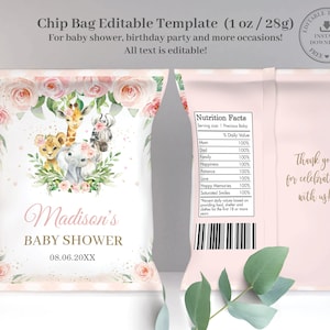 Jungle Animals Pink Floral Chip Bag Printable EDITABLE TEMPLATE, Safari Elephant Baby Shower Birthday Label Favors, INSTANT Download, JA6