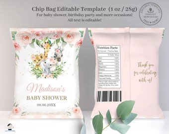 Jungle Animals Pink Floral Chip Bag Printable EDITABLE TEMPLATE, Safari Elephant Baby Shower Birthday Label Favors, INSTANT Download, JA6