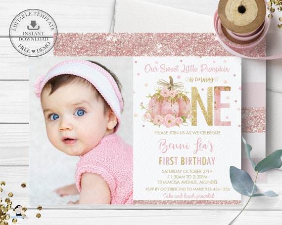 Pumpkin 1st Birthday Party Photo Invitation, EDITABLE TEMPLATE, Chic