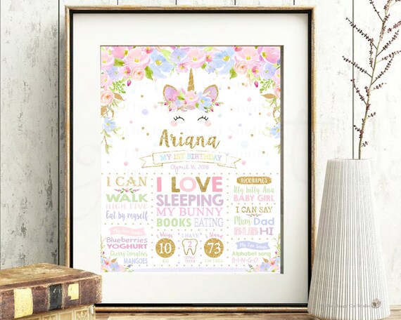 Unicorn 1st Birthday Milestone Sign, Printable, Stats, Pastel, First, One Year, Poster, Wall Decoration, Girl, Nursery Decor, Pink, Gold UB2 Il_570xn