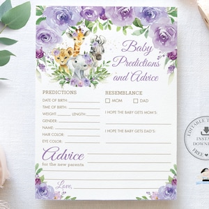 MODÈLE MODIFIABLE, bébé prédictions et carte de conseils, violet Floral Jungle animaux bébé douche jeu activité imprimable téléchargement instantané JA8