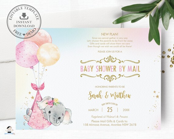 Elephant Baby Shower by Mail Invitation, INSTANT Download, Chic Baby Girl Balloons Long Distance Virtual, Diy Pdf EDITABLE TEMPLATE, EP3 Il_570xn