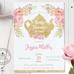 Floral Baby Shower Tea Party Invitation, EDITABLE TEMPLATE, Pink Peonies High Tea Invite, Baby Girl, Mint Gold Glitter, INSTANT Download BF1