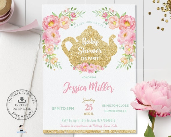 Floral Baby Shower Tea Party Invitation, EDITABLE TEMPLATE, Pink Peonies High Tea Invite, Baby Girl, Mint Gold Glitter, INSTANT Download BF1 Il_570xn