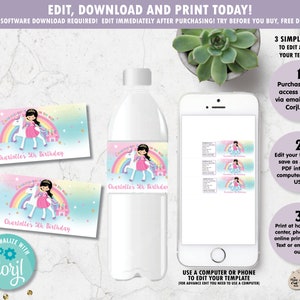 May include: Water bottle label with a unicorn and princess design. The label features a rainbow, castle, and the text "Charlotte's 5th Birthday." The image also shows a smartphone with the label design and instructions.