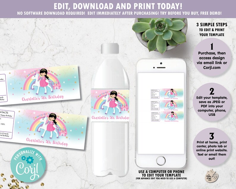 May include: Water bottle label with a unicorn and princess design. The label features a rainbow, castle, and the text "Charlotte's 5th Birthday." The image also shows a smartphone with the label design and instructions.