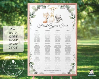 Woodland Seating Chart Printable, EDITABLE TEMPLATE, Greenery Forest Animals Baby Shower Birthday Brunch Lunch, INSTANT Download Pdf, WG10