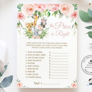 Jogo O Preço Certo, DOWNLOAD INSTANTÂNEO, Rosa Floral Animais da Selva Chá de Bebê Adivinha Preços Atividade de Cartão de Quiz, DIY PDF para Impressão, JA6