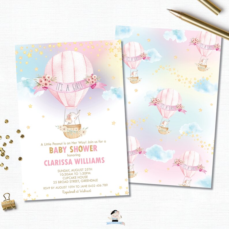 Hot Air Balloon Invitation, Elephant Hot Air Balloon Baby Girl Shower Invite, Elephant Printable, Diy Pdf INSTANT EDITABLE TEMPLATE, HB6 image 4