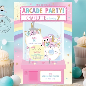 EDITABLE TEMPLATE Arcade Party Birthday Invitation Pink Claw Machine Cute Rainbow Unicorn Printable Games Invite Printable Download AC1