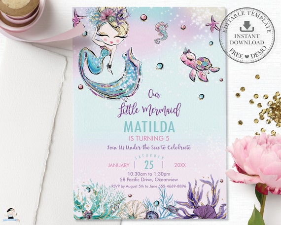 Mermaid Invitation, Mermaid Invitation Instant Download, Blonde Little Mermaid Printable, Under the Sea Invite Diy PDF EDITABLE TEMPLATE MT2 Il_570xn