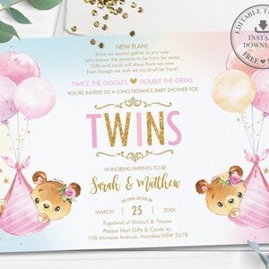 May include: A pink and blue baby shower invitation with a gold glitter design. The invitation features two teddy bears holding balloons and the text "Twice the Giggles Double the Grins You're invited to a long distance baby shower for Twins Honoring Parents-to-be Sarah & Matthew The twins are due on March 25, 20XX Registered at Walmart & Amazon Please Mail Gifts & Cards to: 158 Mimosa Avenue, Avonlea NSW 2678"