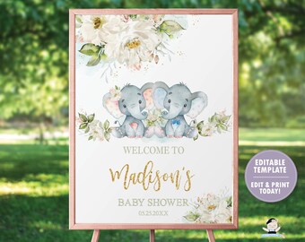 Twins Elephant Welcome Sign EDITABLE TEMPLATE, Twin Boy Girl Baby Shower Decor Printable, Greenery Ivory Floral Diy PDF Instant Download EP2