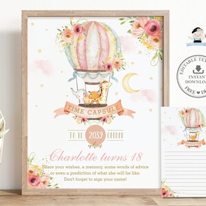 Cartão de mensagem de sinal de cápsula de tempo de animais de balão de ar quente, modelo EDITÁVEL primeiro aniversário de atividade rosa floral arquivo para impressão INSTANTÂNEO HB7