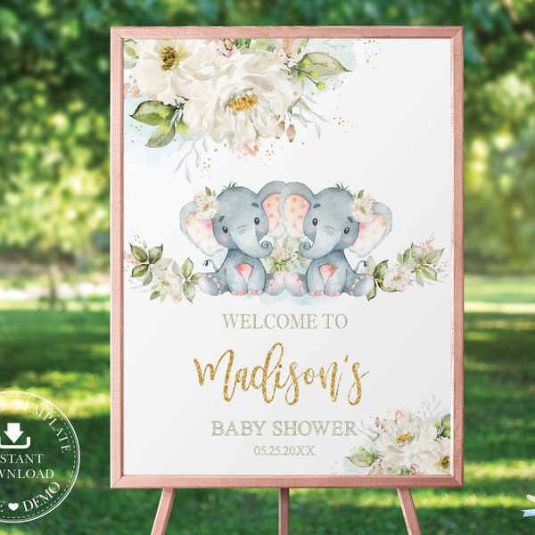 Twins Elephant Welcome Sign EDITABLE TEMPLATE, Twin Girls Baby Shower Decor Printable, Greenery Ivory Floral Diy PDF, Instant Download, EP2