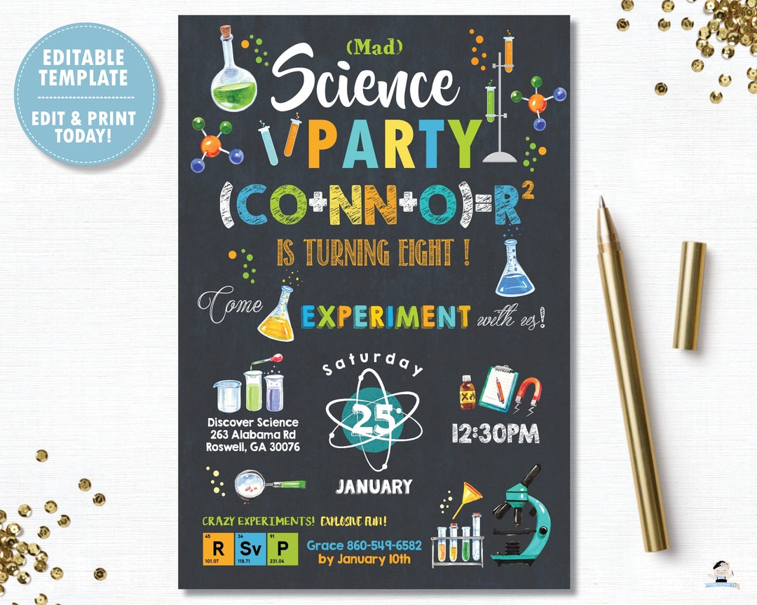 Science Party Invitation EDITABLE TEMPLATE Mad Science Birthday Party 