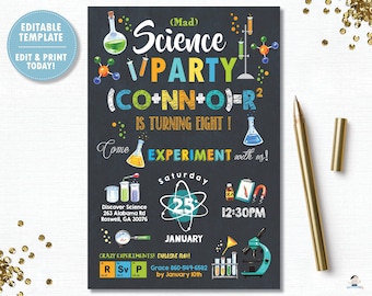 Invitación para fiesta de ciencia, plantilla editable, fiesta de cumpleaños de ciencia loca, experimento de laboratorio, científico, bricolaje, imprimible, descarga digital instantánea SC2