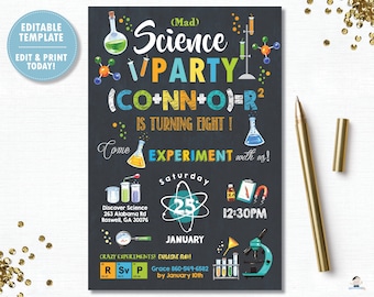 Science Party Invitation, EDITABLE TEMPLATE, Mad Science Birthday Party, Lab Experiment Scientist, PDF Diy Printable, Instant Download SC2